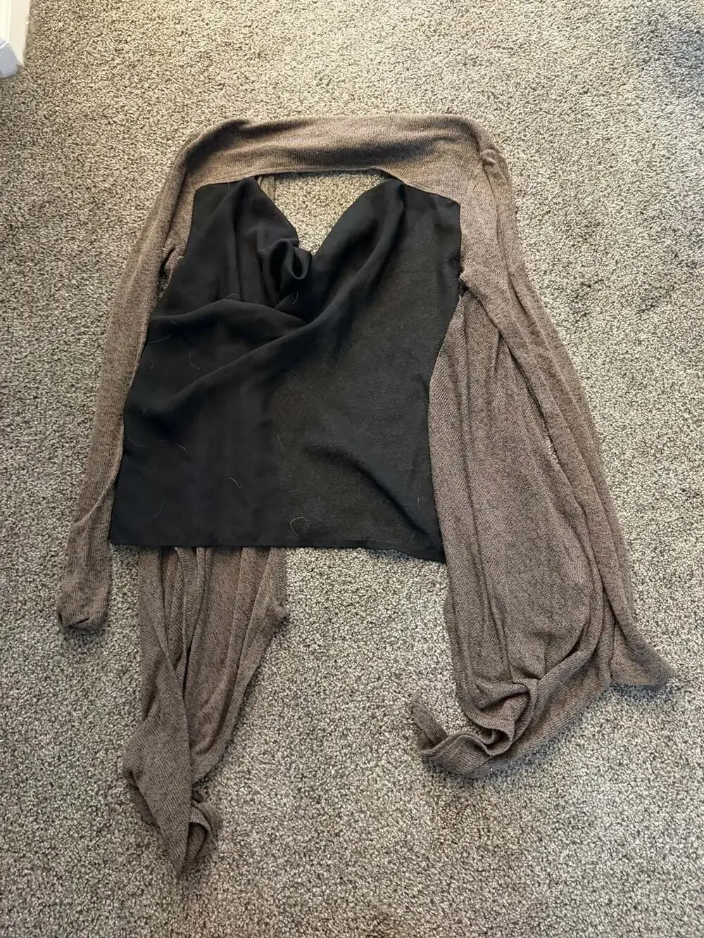 daytrip Women's Brown Open Front Layered Cardigan with Black Chiffon